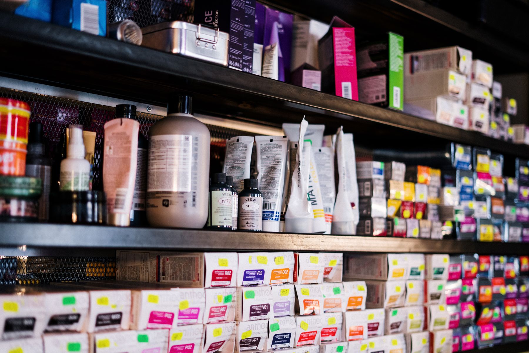 Shelves stocked with hair and beauty products